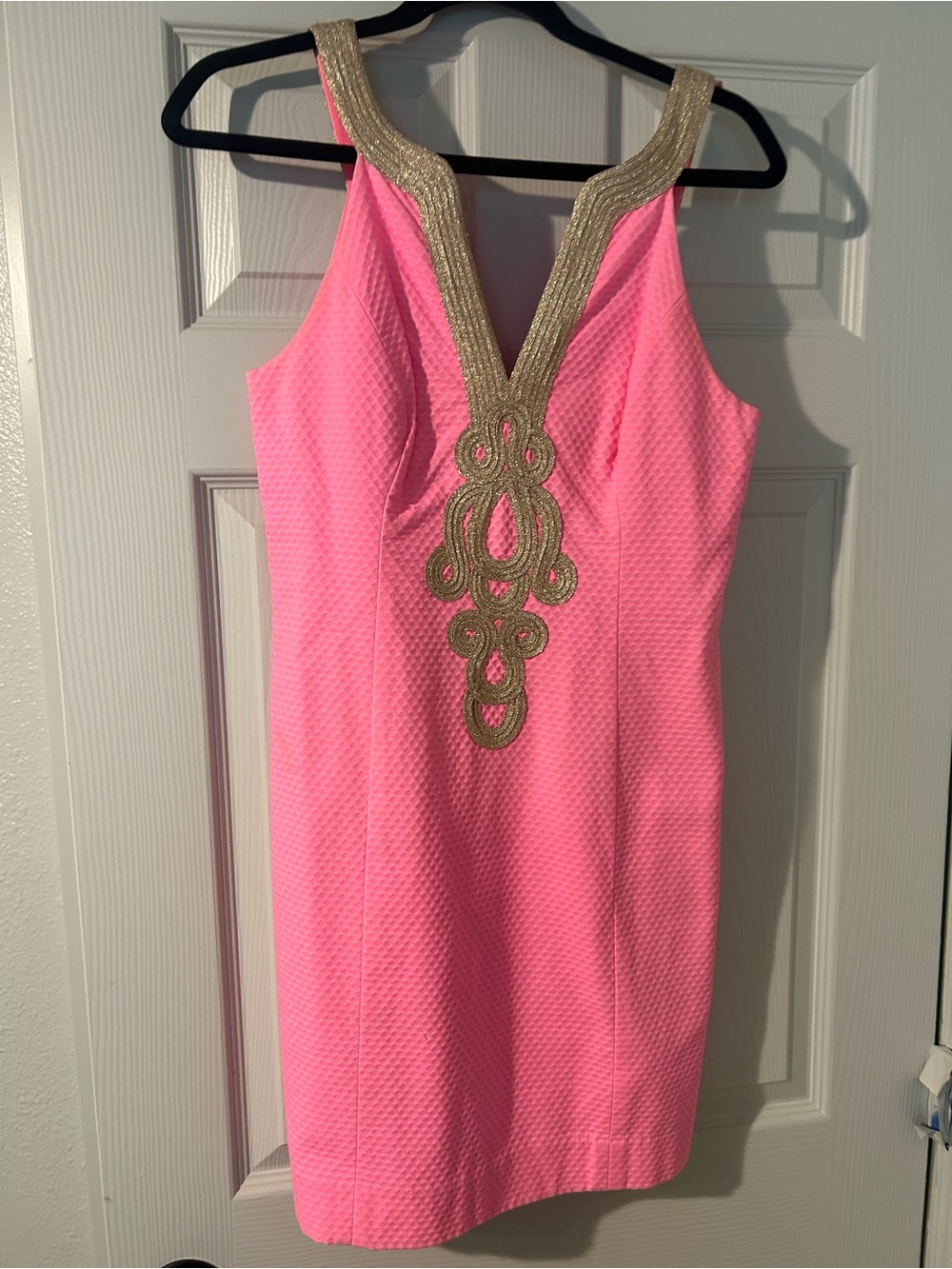 Lilly Pulitzer Bright Pink Mini Dress with Gold Embellished V-Neck